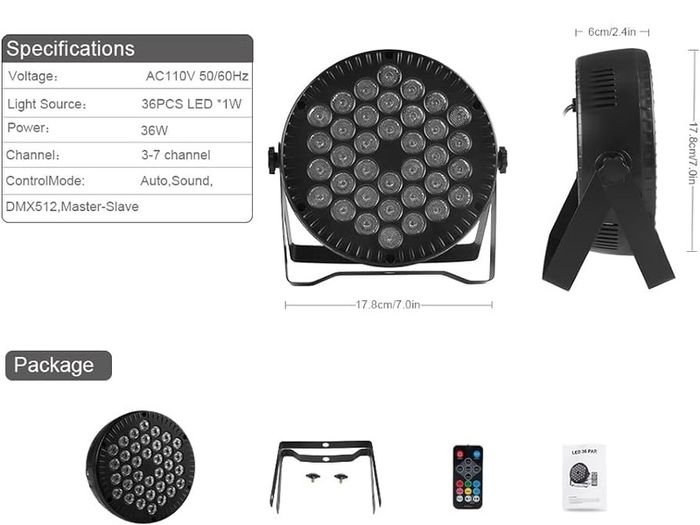 2 Pcs Par Lights, RGB 36 LED Stage Lights Sound Activated DMX Control, 7 Modes Uplighting Lights with Remote Control Stage Lighting, DJ Par Party Lights for Club KTV Disco Party