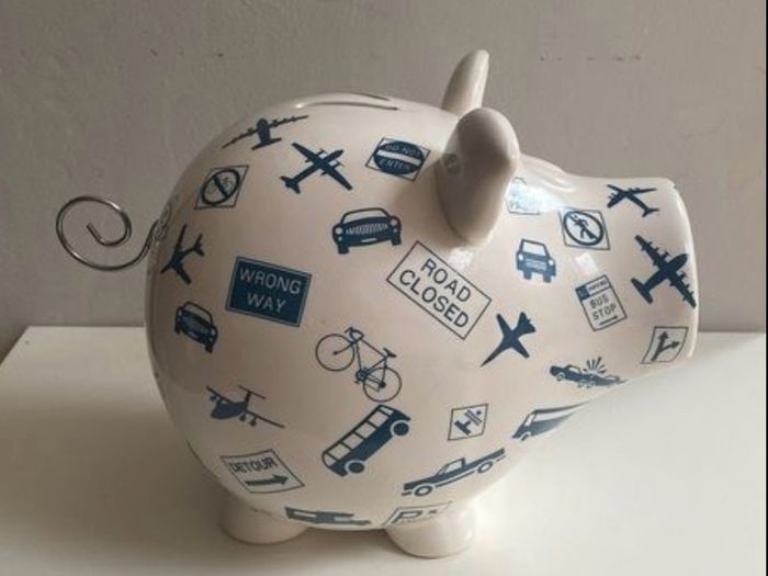 Extra Large ceramic piggy Bank featuring transportation and road signs