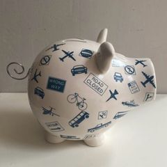 Extra Large ceramic piggy Bank featuring transportation and road signs