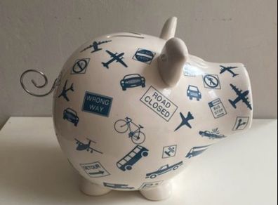 Extra Large ceramic piggy Bank featuring transportation and road signs
