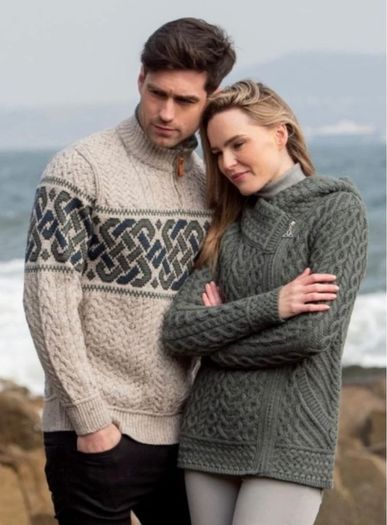 Aran Crafts Celtic Jacquard Zip Sweater | Oatmeal size L