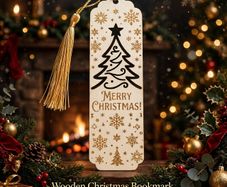 Merry Christmas Wooden Bookmark with Gold Tassel - Stocking Filler