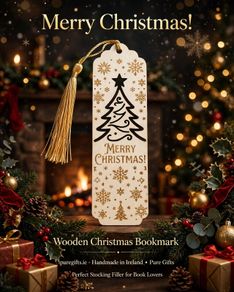 Merry Christmas Wooden Bookmark with Gold Tassel - Stocking Filler