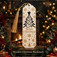 Merry Christmas Wooden Bookmark with Gold Tassel - Stocking Filler