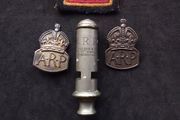 World War II : A.R.P.  " Air Raid Precautions "  Whistle and Silver Badges