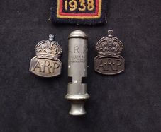 World War II : A.R.P.  " Air Raid Precautions "  Whistle and Silver Badges