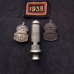 World War II : A.R.P.  " Air Raid Precautions "  Whistle and Silver Badges