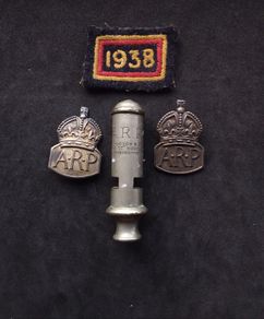 World War II : A.R.P.  " Air Raid Precautions "  Whistle and Silver Badges