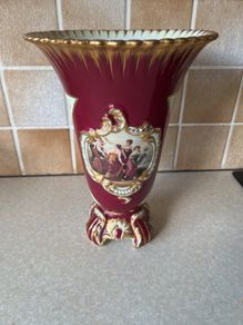 Tester Ornate Porcelain Burgundy Red/ Gold 10.5" handpainted Vase