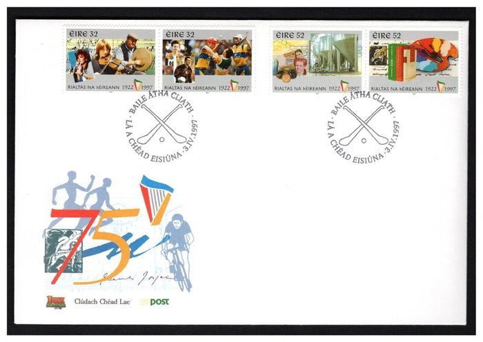 1997 Ireland 75th Anniversary of the State (32p Irish Sports & Irish Music + 52p Factory /Banknote & Books/ Artists Palette) Commemorative Stamps An Post First Day Cover (FDC)