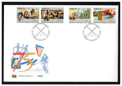 1997 Ireland 75th Anniversary of the State (32p Irish Sports & Irish Music + 52p Factory /Banknote & Books/ Artists Palette) Commemorative Stamps An Post First Day Cover (FDC)