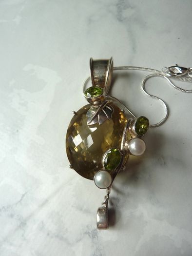 Large Modern Statement Citrine, Peridot & Pearl Pendant with Chain. Sterling Silver