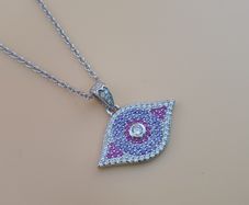 25 Sterling Silver Evil Eye Pendant Necklace with Purple & White CZ Stones Protective Charm Jewelry