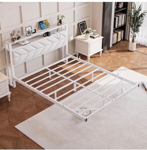 4ft6 Floating Double Bed Frame Upholstered Platform Bed with Storage Shelf Headboard,Charging Station/LED Lights,Metal Slat Support/Noise Free,No Box Spring Needed,135x190 Double Size,White