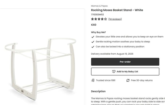 Mamas & Papas Moses Basket with White Rocking Stand