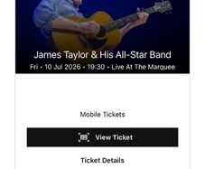 1 ticket for James Taylor & His All-Star Band at Live At The Marquee, Cork