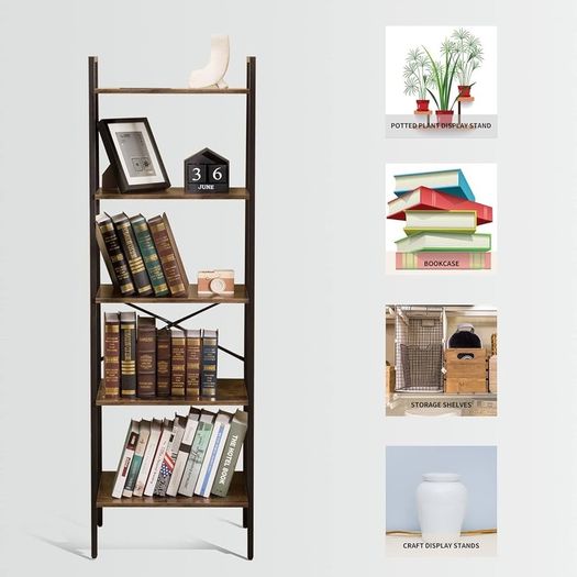 NEW SALE | Bookcase Bookshelf Ladder Shelf 5-Tier Steel Frame Industrial Style Storage Rack Organiser Standing Shelf for Office Study Living Room Bedroom 56x32x172cm