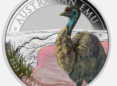The Perth Mint Australian Emu 2025 1oz Silver Coloured Coin with Coa In Original Case and Box
