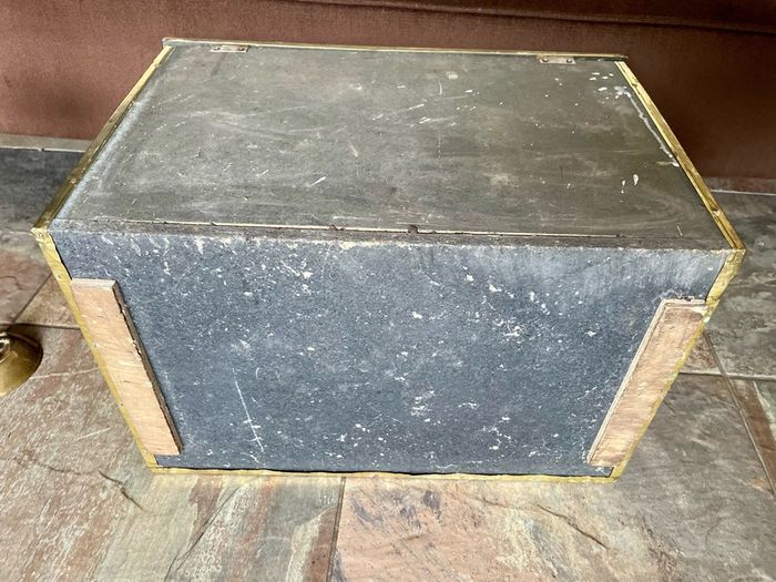 Ornate Brass Fireside Coal Box Embossed Tavern Scene