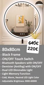 LED Bathroom Mirror Black Frame Speakers Antifog 80cm Makeup Ensuite Dual LED Bright Light Memory Function