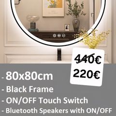 LED Bathroom Mirror Black Frame Speakers Antifog 80cm Makeup Ensuite Dual LED Bright Light Memory Function