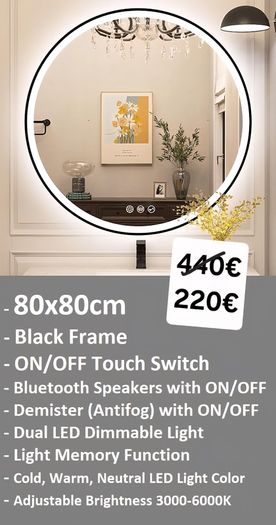 LED Bathroom Mirror Speakers Defogger 80cm Round