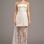 Strapless mini overlay maxi dress features a tailored bandeau top with a contrasting sheer floral lace skirt Image 2