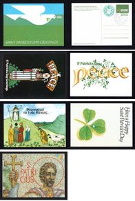 1984 Ireland Full set of six of An Post St. Patrick Day Postcard Used with Ballycahill Steele Cancel