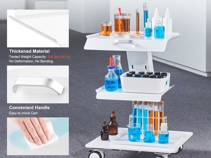 Laboratory Cart, 3-Layer Laboratory Cart with Wheels, Mobile Metal Cart with Swivel Castors, Serving Cart Clinic Cart with Tray and 100 kg Load Capacity, for Laboratory, Clinic, Beauty Salon