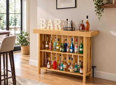 Home Bar Unit Wine Bar Cabinet Table 3-Tier with Storage Shelves, Opener Storage Box & Adjustable Foot Pads