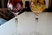 Pair of mid century coloured crystal wine glasses