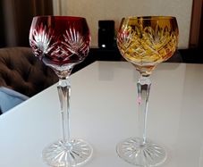 Pair of mid century coloured crystal wine glasses