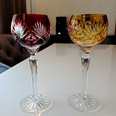 Pair of mid century coloured crystal wine glasses