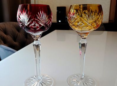Pair of mid century coloured crystal wine glasses