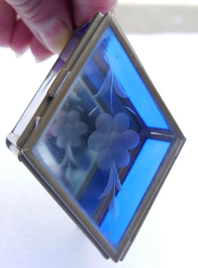 Vintage blue and clear etched flowers Brass trinket box , glass jewelry box