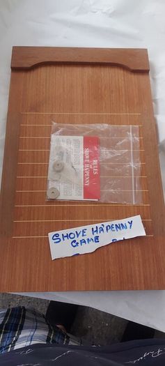 Shove ha'penny game ,hard wood,,well made ,,coins rules included etc ,buyer collects or pays postage thank you, sold as seen ,,came from Wales closed down pub,,nice inlaid in wood