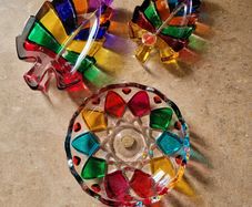 Vintage murano trio rainbow glass bowl & leaf trinket dishes