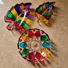 Vintage murano trio rainbow glass bowl & leaf trinket dishes