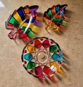 Vintage murano trio rainbow glass bowl & leaf trinket dishes