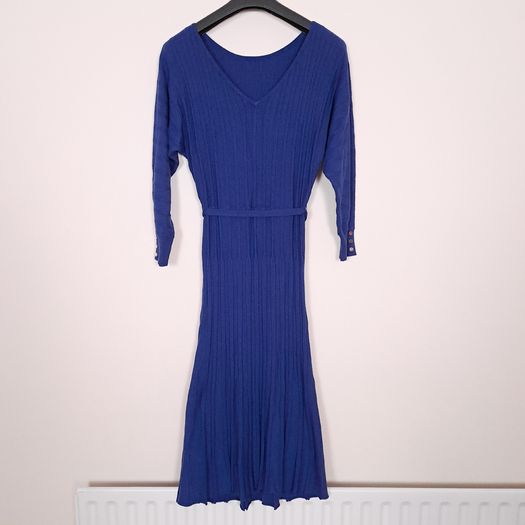 Monsoon Royal Blue Ribbed Knit Long Sleeve Tie Waist Fit & Flare Midi Dress Size S