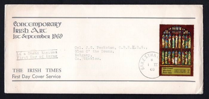 1969 Ireland Contemporary Irish Art Stained Glass Church Window by Evie Hone Commemorative Stamp The irish Times Addressed First Day Cover (FDC)
