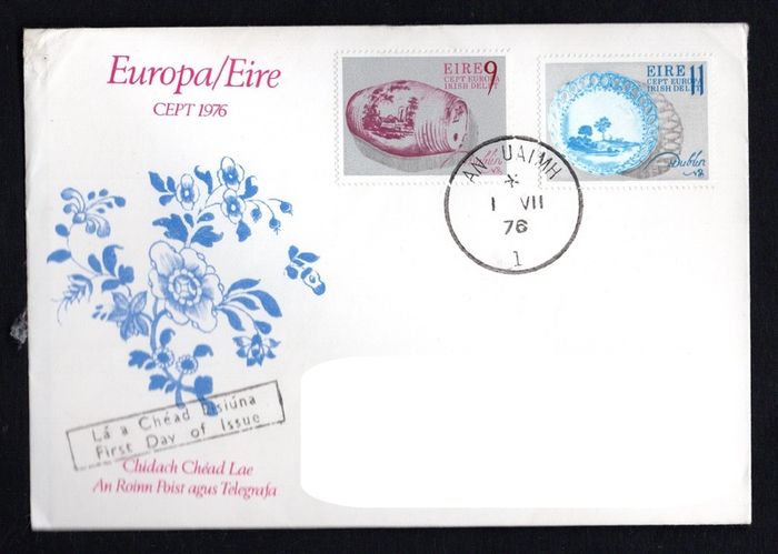 1976 Ireland Europa Irish Delph Commemorative Stamp Illustrated Addressed First Day Cover (FDC) with An Uaimh (Navan) steele cancel