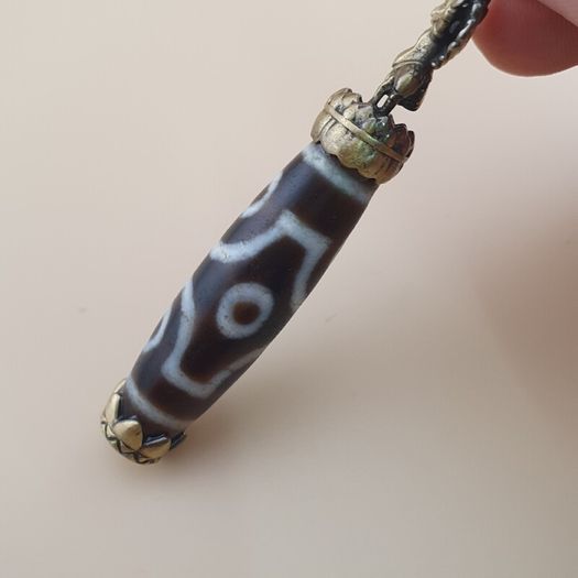 Vintage 6 Eyes Hiamalyan Tibetan Agate Bead Brass Pendant