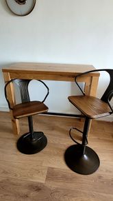 Harvey Norman Oak Breakfast Bar Table + 2 Adjustable Bar Stools