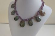Stunning Hand-Beaded Short Necklace with Fabulous Graduated Ruby in Fuchsite Faceted Teardrop Beads and Amethyst Chips - Handmade by Christabel