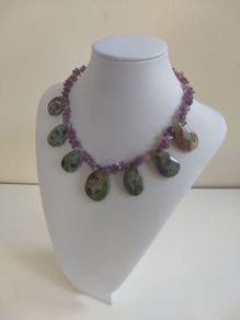 Stunning Hand-Beaded Short Necklace with Fabulous Graduated Ruby in Fuchsite Faceted Teardrop Beads and Amethyst Chips - Handmade by Christabel