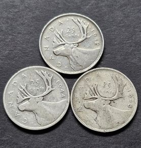 Canada 1942/43/44 Silver 25 Cents coins - George VI