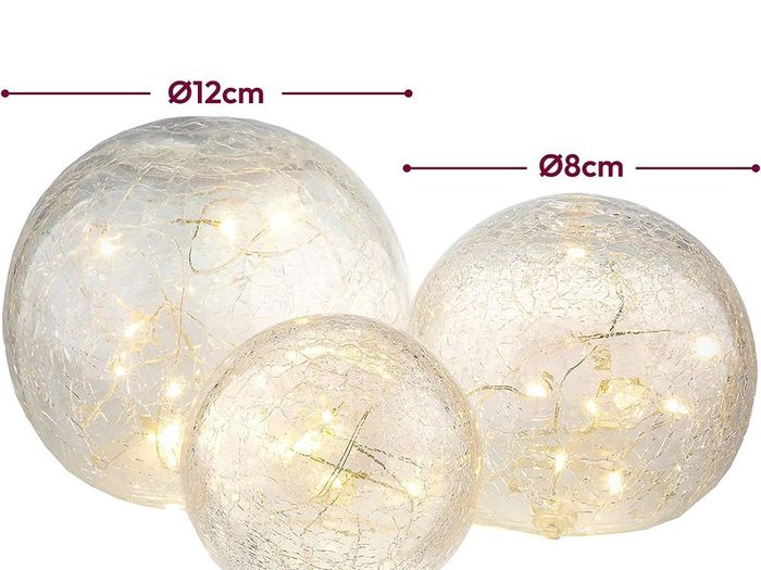 Crackle Glass Ball Lights Set 3  8,10,12 cm Globes | Decorative Indoor Table Lighting | with Warm White LED String | Battery Operated Table Lamps | Mood Fairy Light Night Lamp | Table Decor