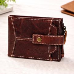 Unisex Genuine Leather Wallet  Vintage Brown Leather Trifold Wallet with Button Closure