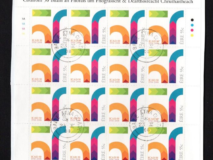 2008 Ireland 50th Anniversary of the Institute of Creative Advertising and Design Stamp Sheetlet Plate 1A1A1A1A Fine CDS Used with Dublin cancel of 23rd May 2008 (First day of issue)